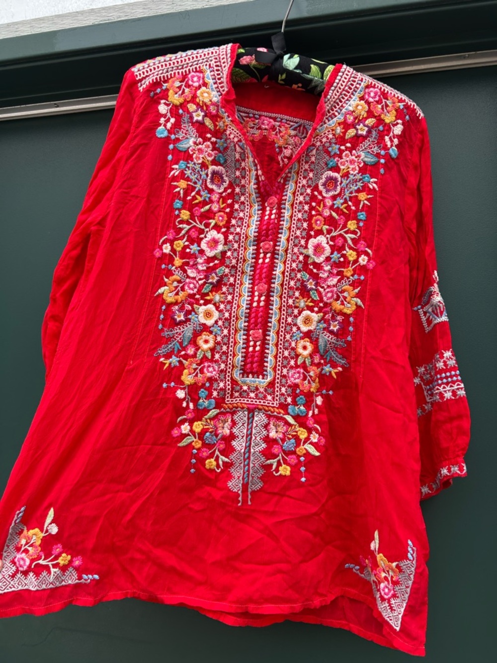 Johnny Was Red Embroidered Floral V‑Neck Tunic - Picture 3 of 13